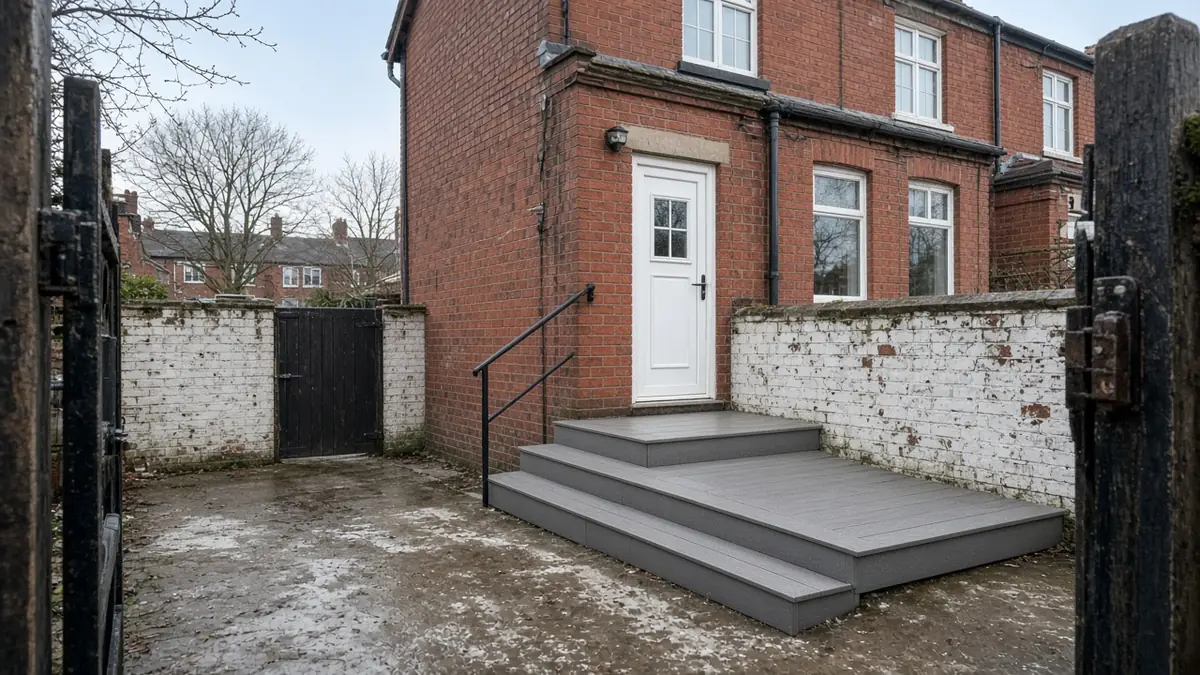 Example image: two closed-riser composite steps with a black handrail in the yard of a brick terrace