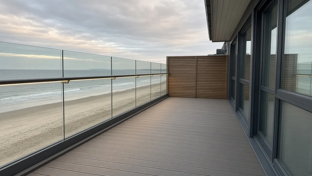 Example image: glass balustrade and slatted screen on a deck near the sea