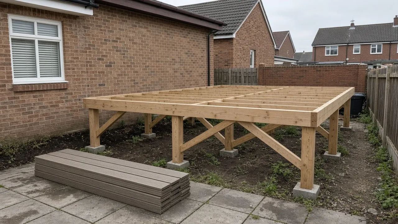 Example image: deck frame with diagonal bracing on posts