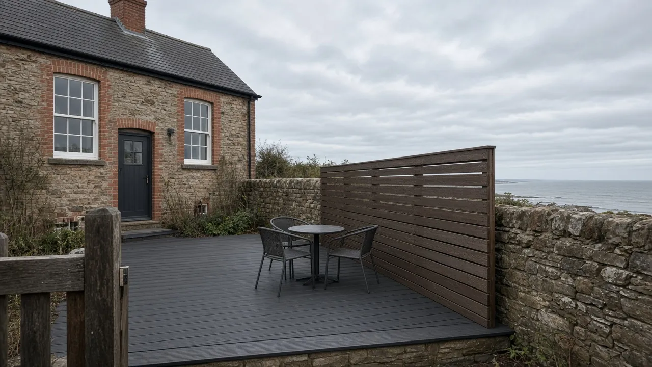 Example image: sheltered composite deck behind a Victorian house on the Headland