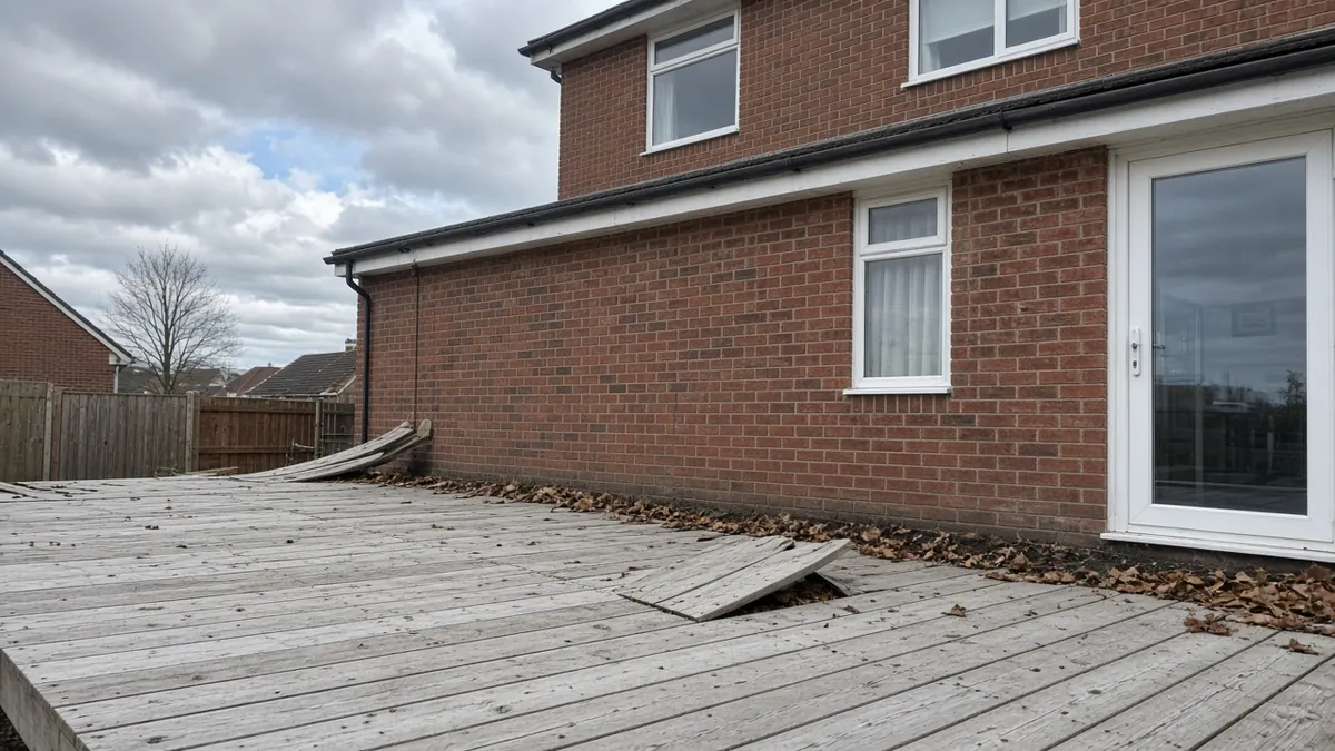 Example image: old deck with popped screws and warped board ends after winter storms