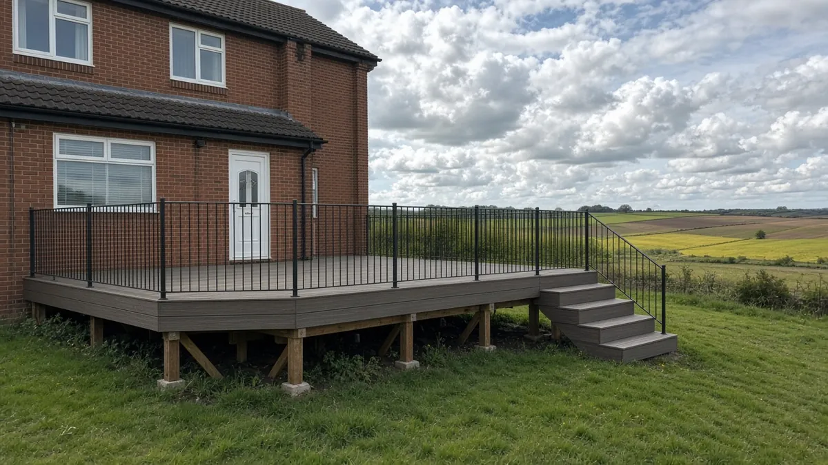 Example image: raised deck with braced posts on concrete pads and a vertical-bar balustrade