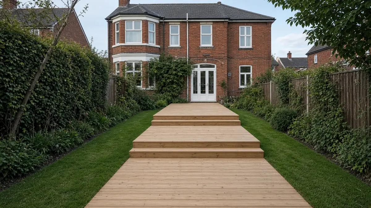 Example image: split-level softwood deck following a gentle fall in a long garden