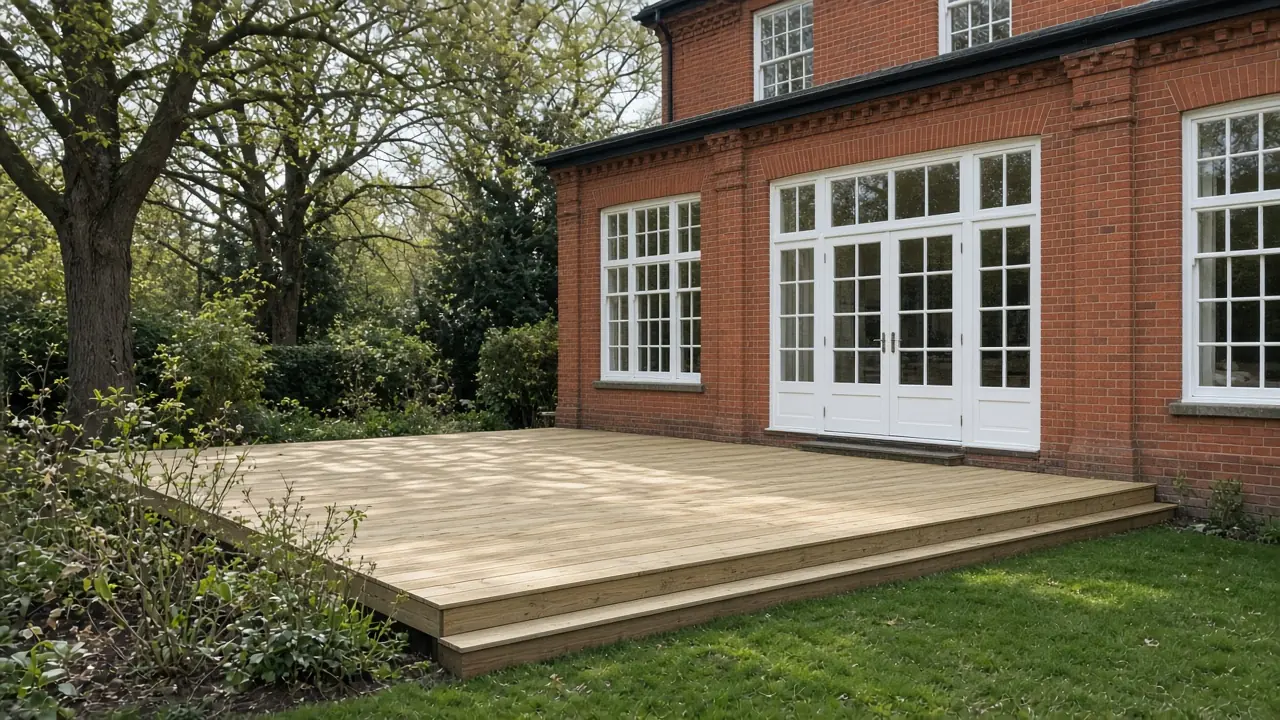 Example image: treated softwood deck behind an Edwardian house in West Park