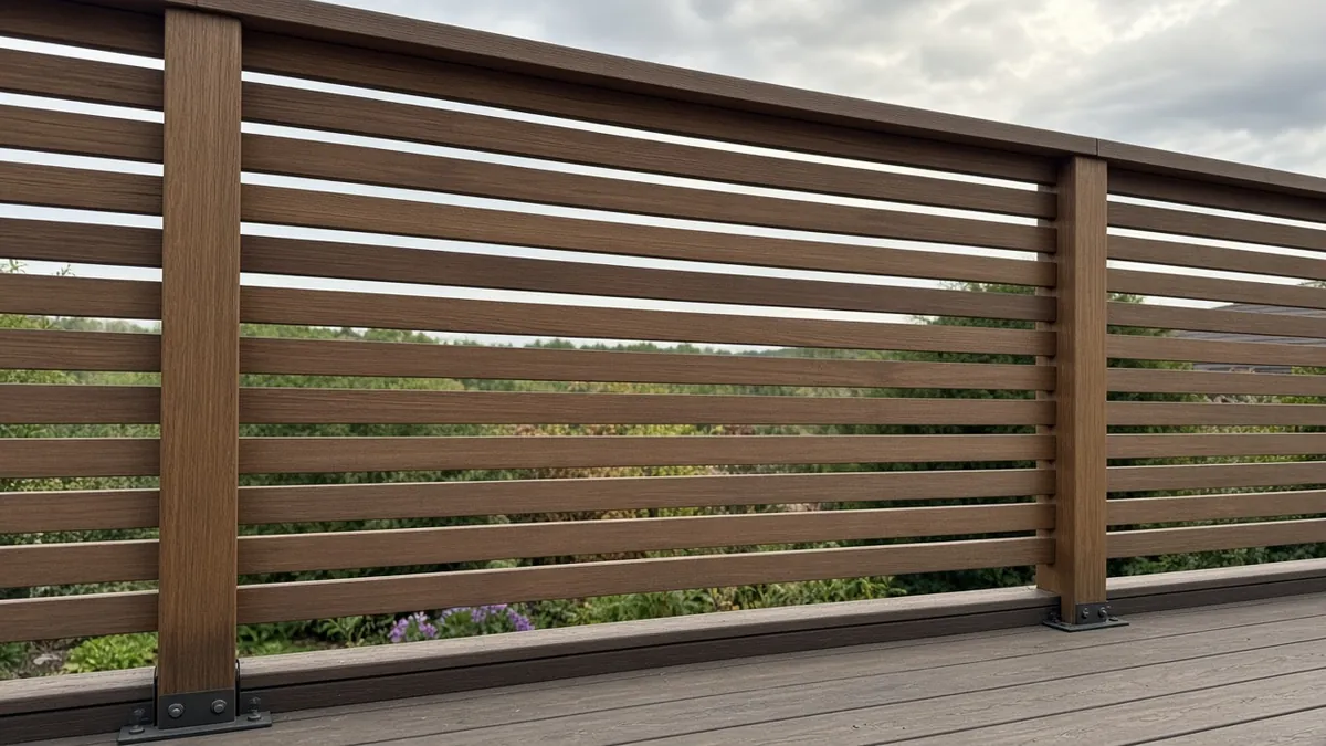 Example image: slatted screen fixed to strong posts on a deck