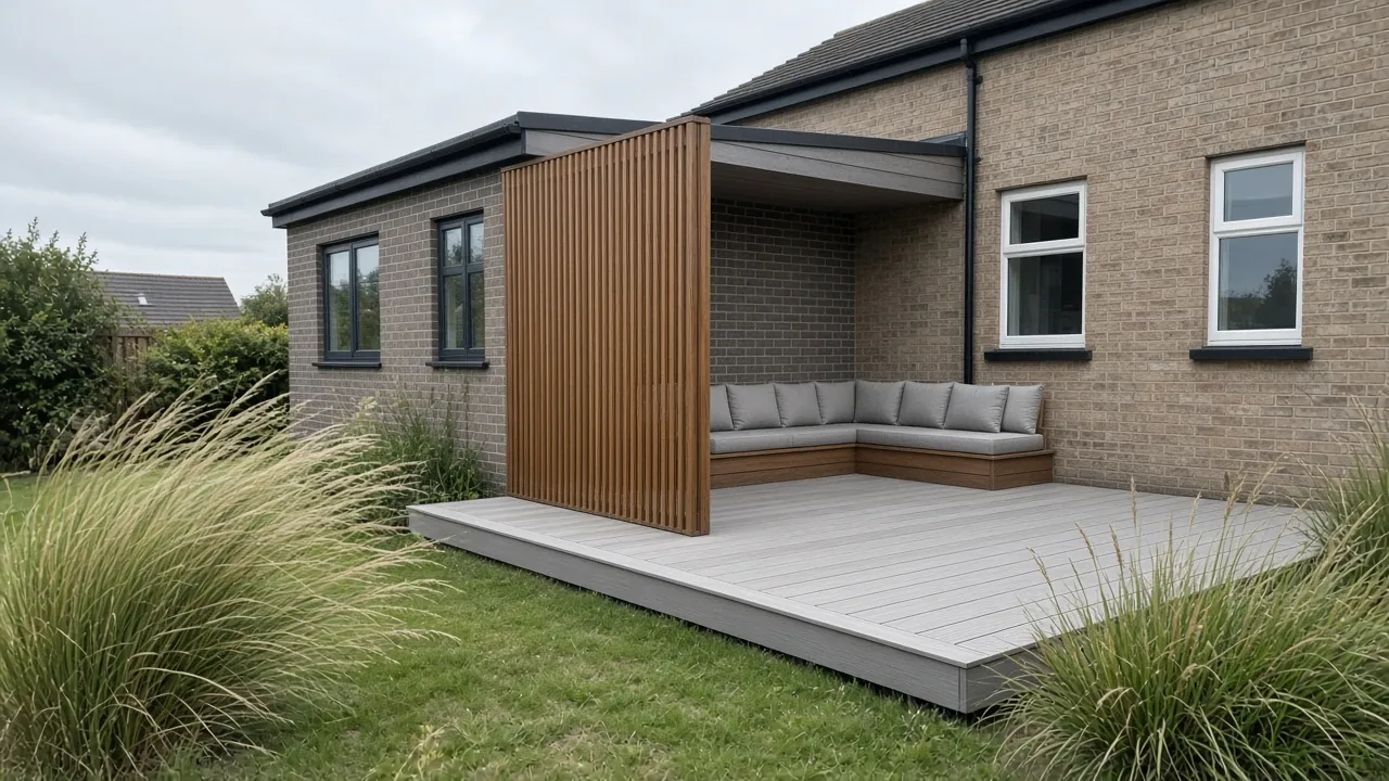 Example image: deck tucked into the shelter of a house wall with a screen